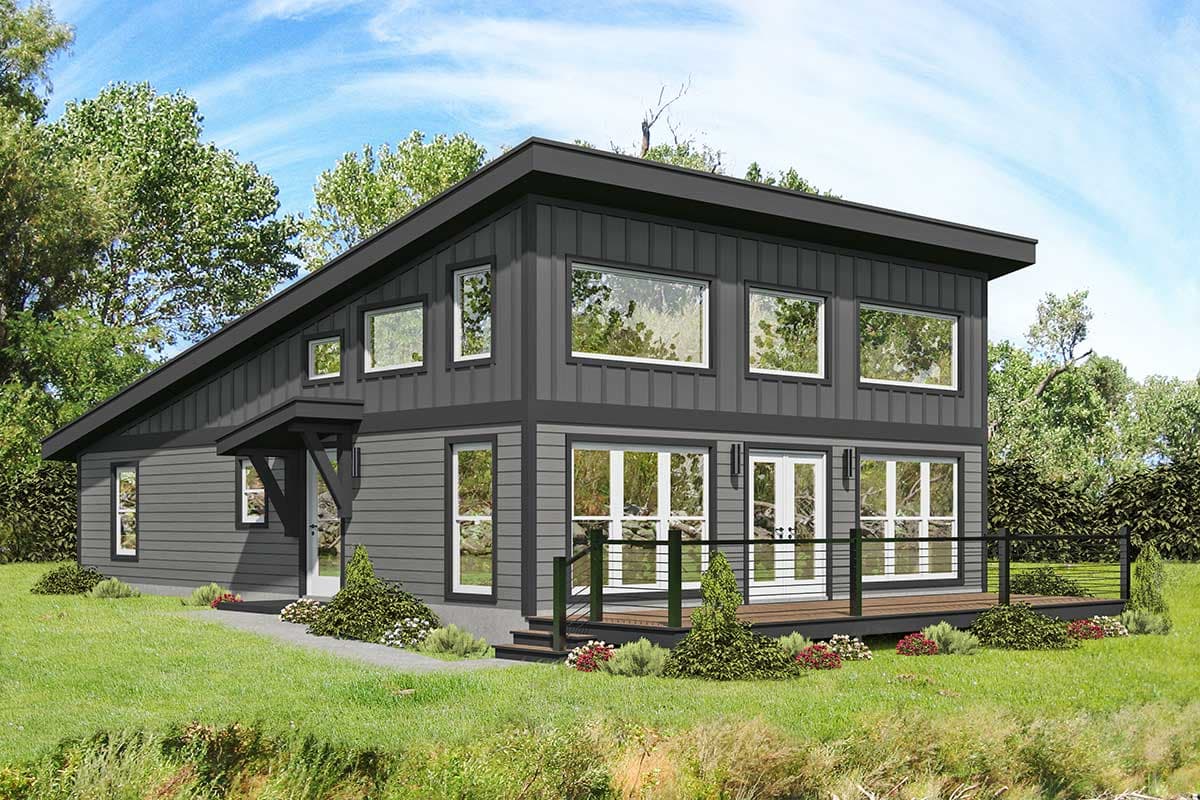 House plan exterior. Two-story modern house with a shed roof, a covered porch, and a deck with a railing. Large windows throughout.