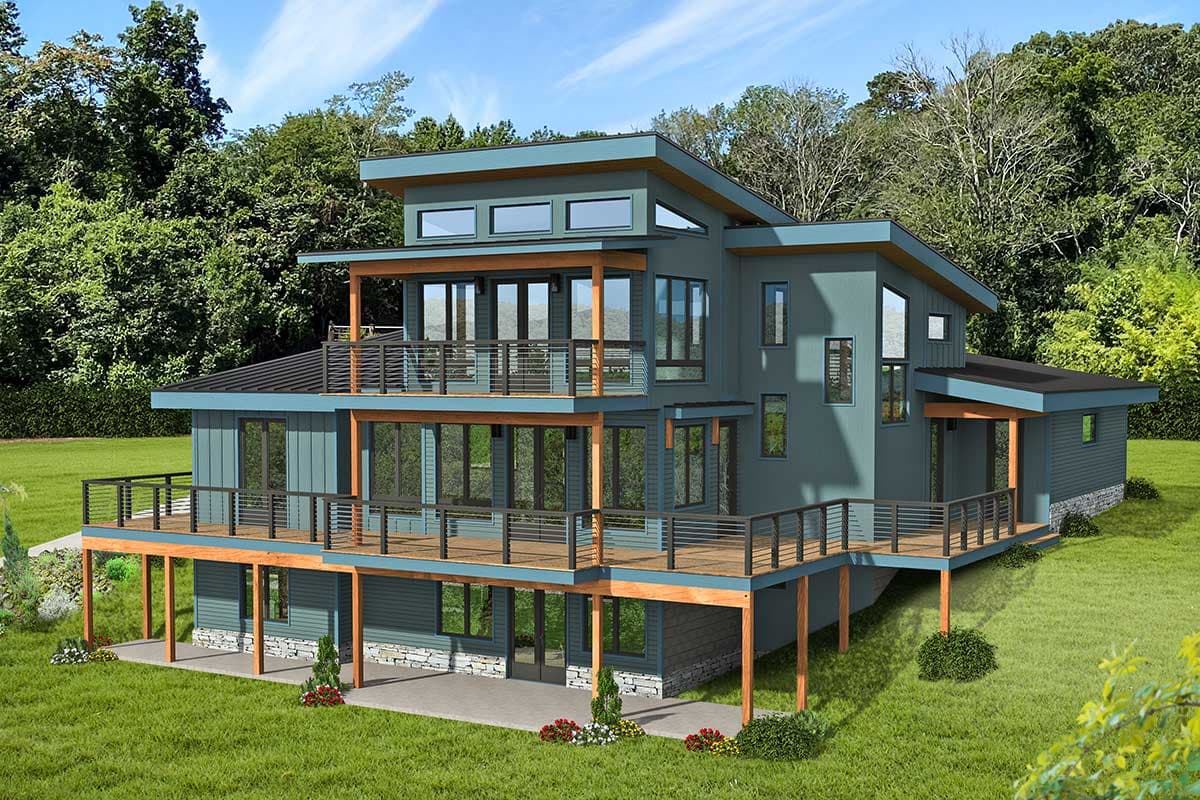 Modern house plan exterior with multiple levels, decks, large windows, and asymmetric rooflines.