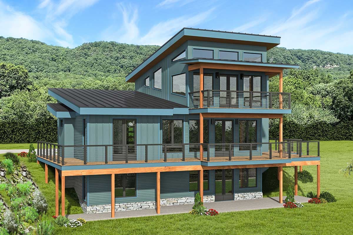 House plan exterior of a multi-story modern home with overlapping sloped roofs, balconies, and large windows.