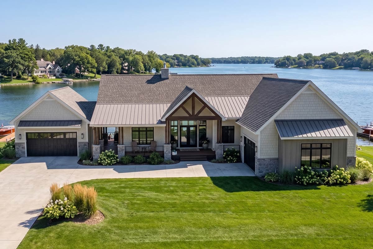 Modern Farmhouse house plan exterior with gabled dormers, metal roof accents, and a covered front porch with timber details.
