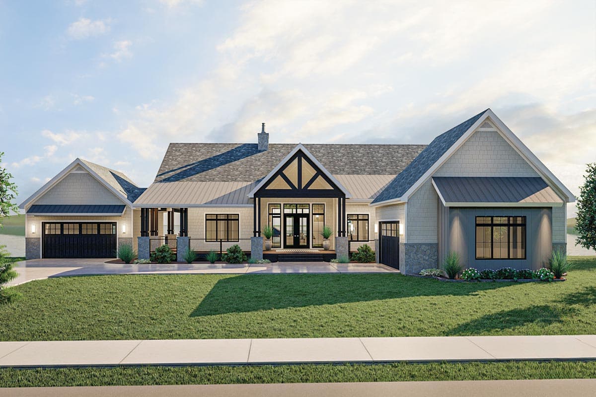 House plan exterior. Modern Farmhouse style with a single story, a metal roof, front porch, and garage on the left.