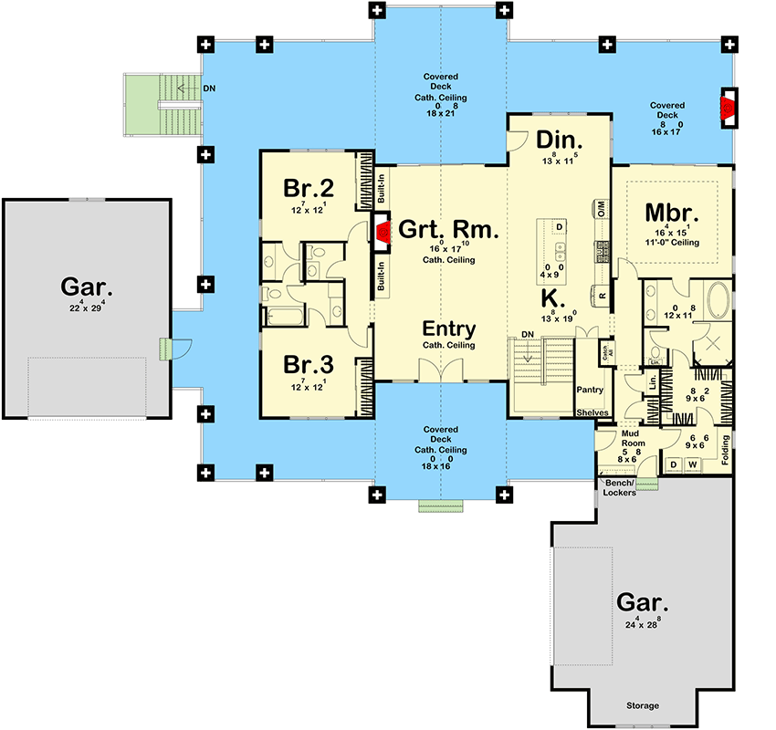 Plan 62345DJ: New American Lake House Plan with Full Wraparound Deck and Split Garages - 2435 Sq Ft - Floor Plan - Main Level - Country, Craftsman, Mountain, New American, Ranch, Traditional
