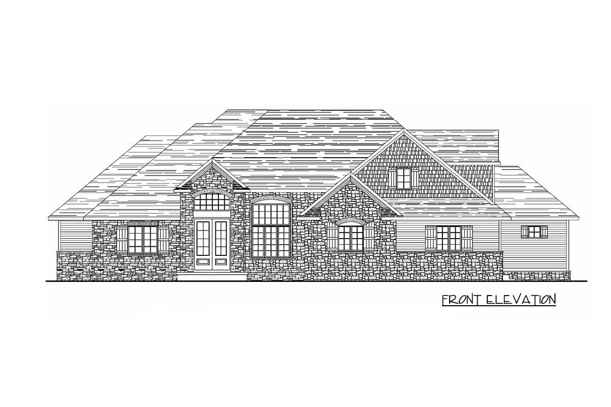 Front elevation drawing of a single-story house plan with stone and shingle siding, gables, and a central entrance.