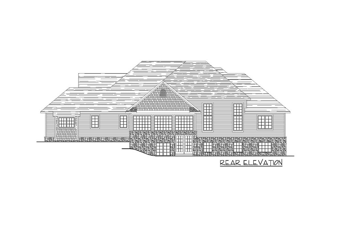 Rear elevation house plan showing a multi-story home with a prominent gabled dormer, extensive windows, and stone and siding facade.