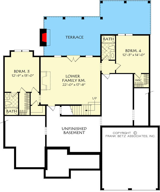Plan 710381BTZ: 4-Bed House Plan with a Timber-Framed Gable Designed for a Rear Sloping Lot - Floor Plan - Finished Lower Level - Coastal, Country, Craftsman, New American, Northwest, Ranch, Southern, Traditional