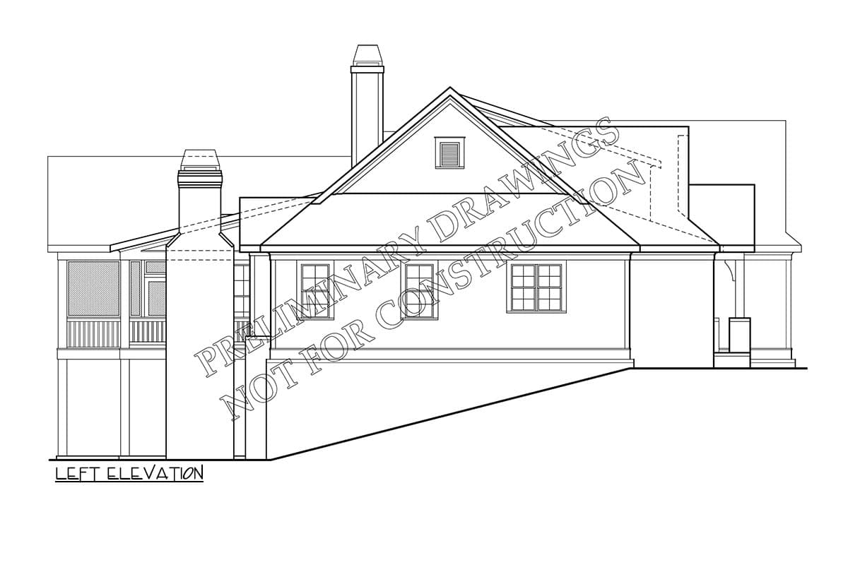 Left elevation house plan showing a two-story structure with a prominent chimney, gabled roof, dormer, and screened porch.
