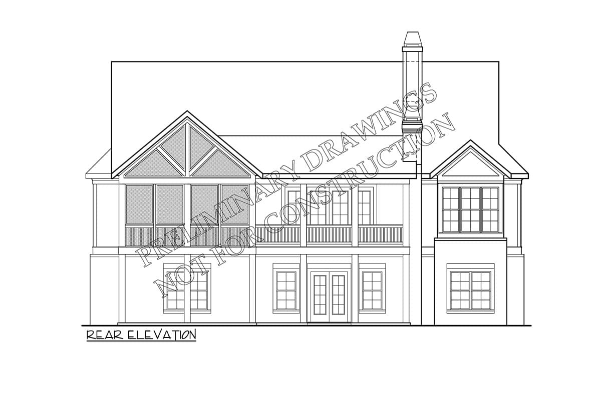 Rear elevation drawing of a house plan with a screened porch, second-story balcony, and prominent gable.