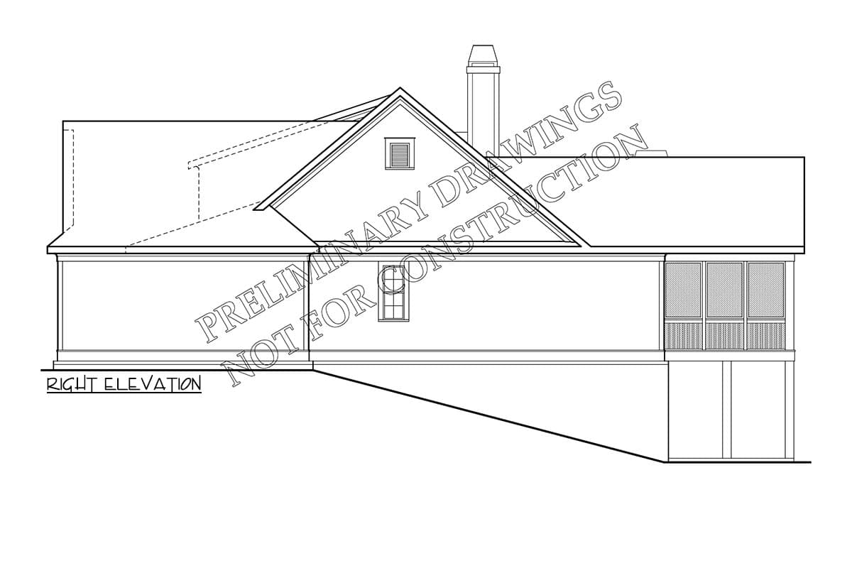 Right elevation drawing of a house plan showing a gabled roof, dormer, chimney, and screened porch.