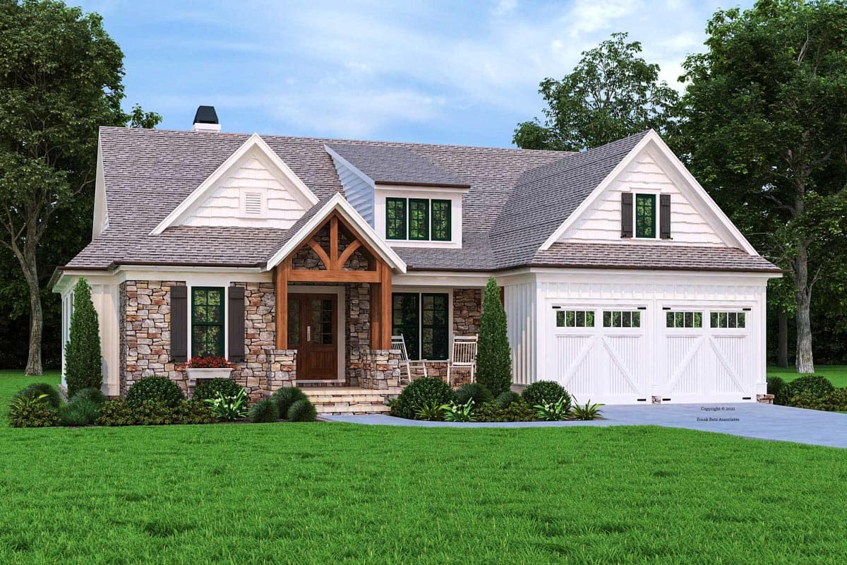 House plan exterior. Craftsman style with stone facade and gabled roof. Features include a front porch with timber framing and a two-car garage.