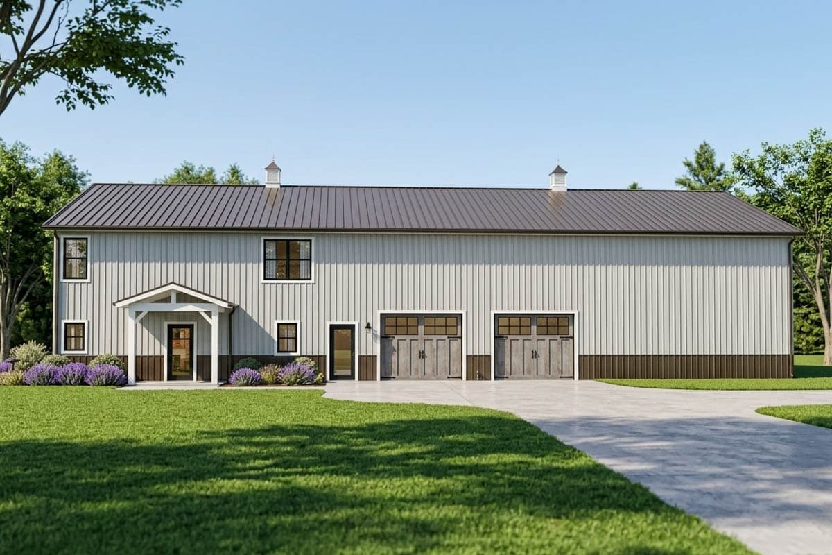 House plan exterior. Two-story building with a metal roof, cupola, and covered porch. Features three garage doors.