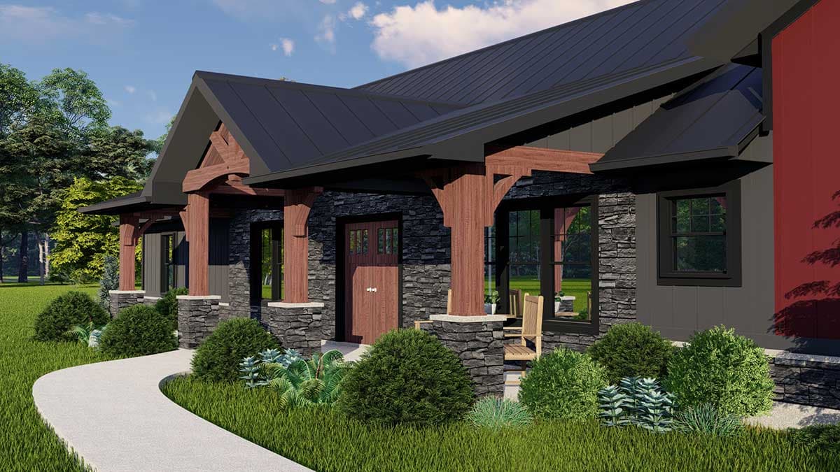 House plan exterior with a covered porch, stone veneer, large gables, and exposed wooden beams.