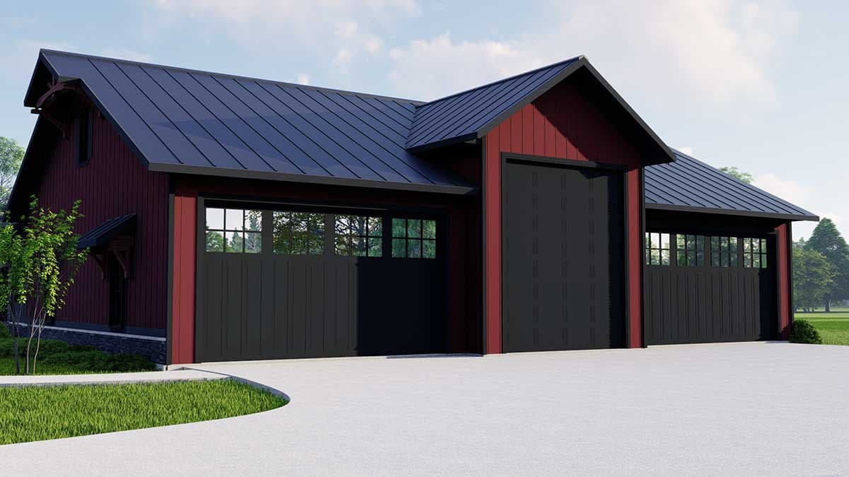 House plan exterior of a two-story Modern Farmhouse with a dark metal roof, red siding, and three black garage doors with windows.
