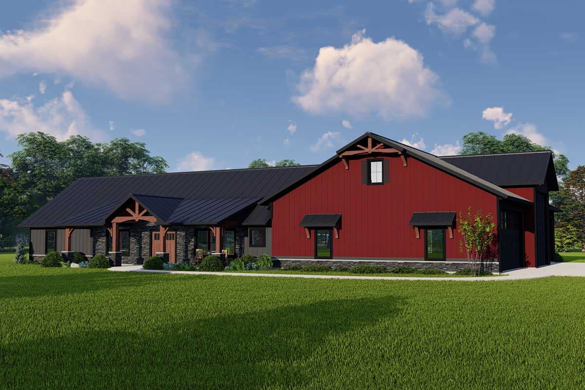 House plan exterior featuring a mixed style: barn-style facade with a gable roof, timber-framed porch, and contrasting dark roofing.