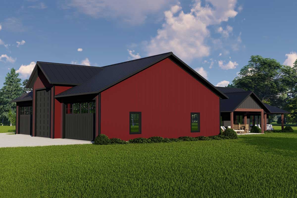 Modern Farmhouse house plan exterior with red siding, black metal roof, two-car garage, and covered rear porch.