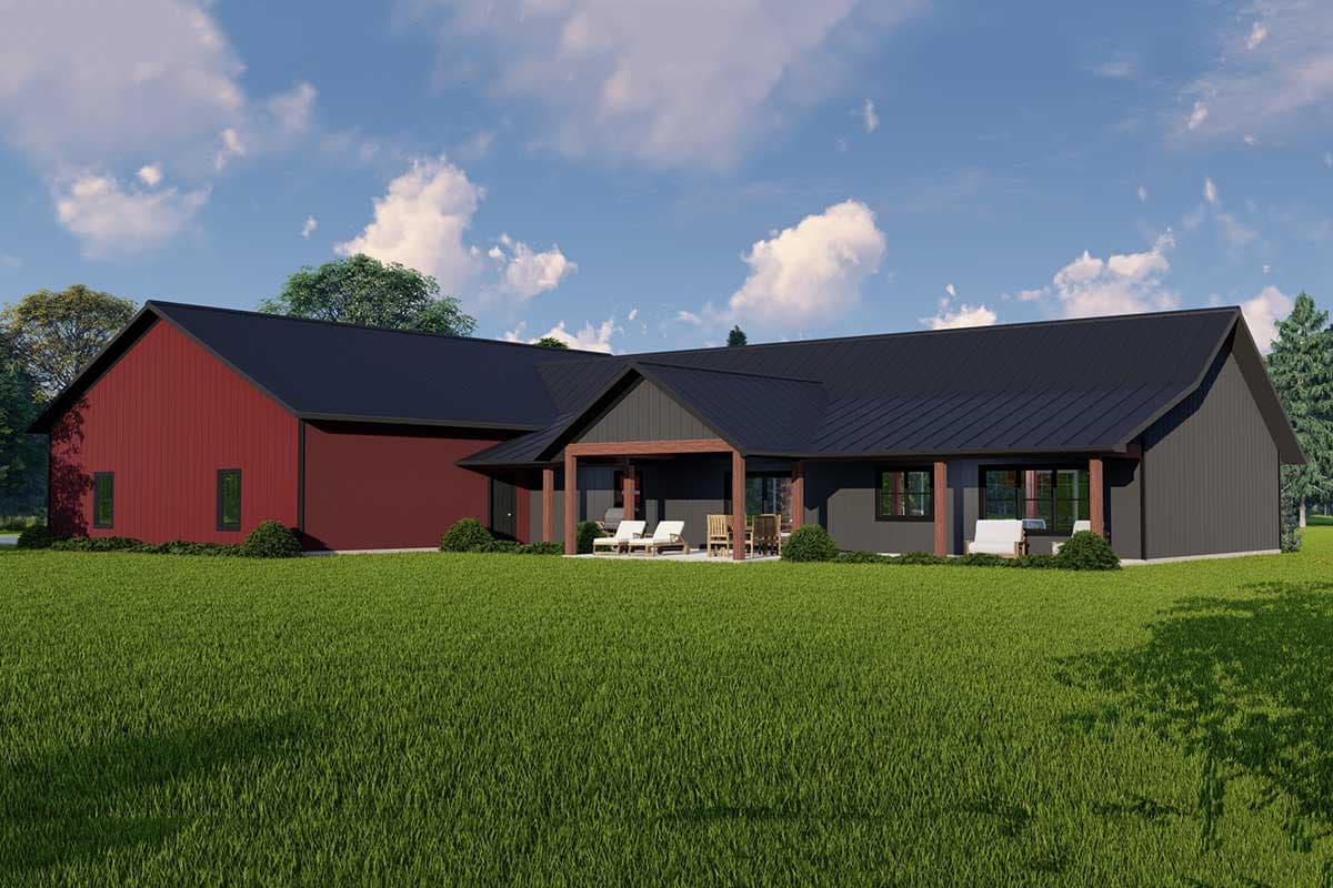 House plan exterior: Modern Farmhouse style, one story, with a covered porch and intersecting rooflines.