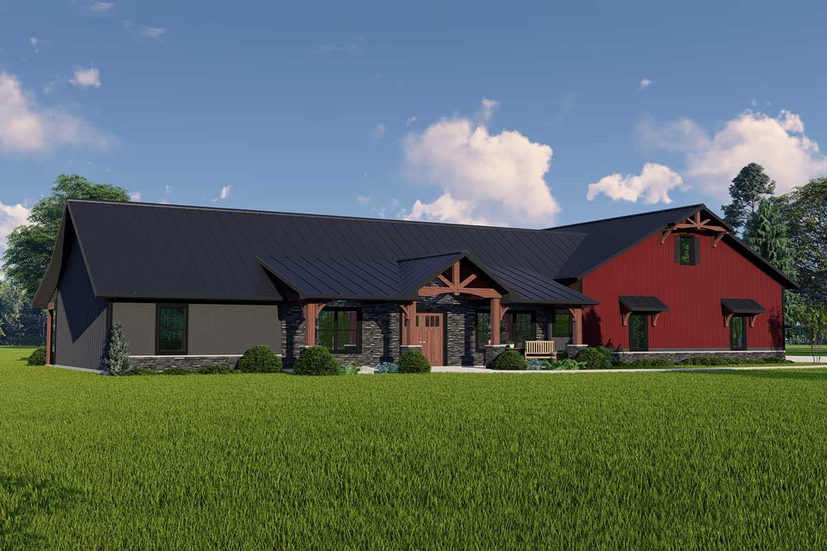 Modern Farmhouse house plan exterior with stone accents, a covered porch with timber supports, gables, and a red barn-style section.
