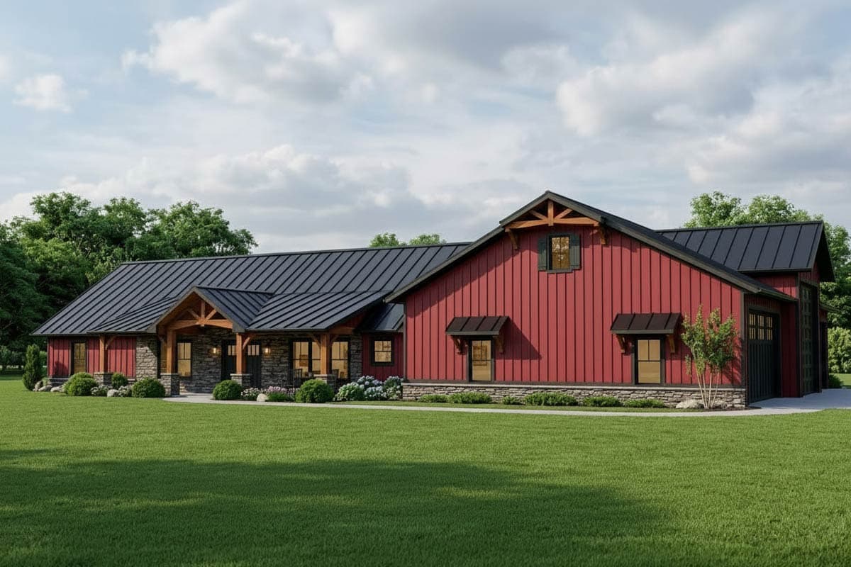 House plan exterior featuring a mixed style: barn-style facade with a gable roof, timber-framed porch, and contrasting dark roofing.