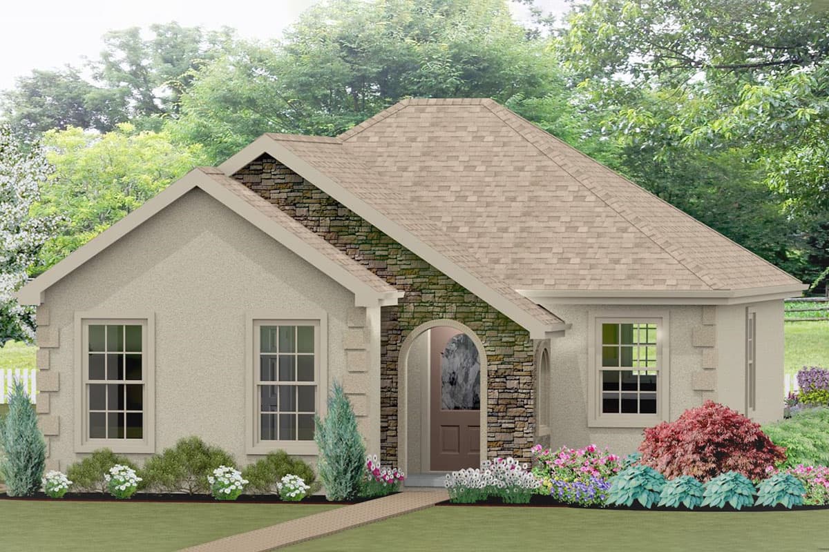 House plan exterior with stone accents, arched entry, and gabled roof. Features include two double-hung windows and landscaping.