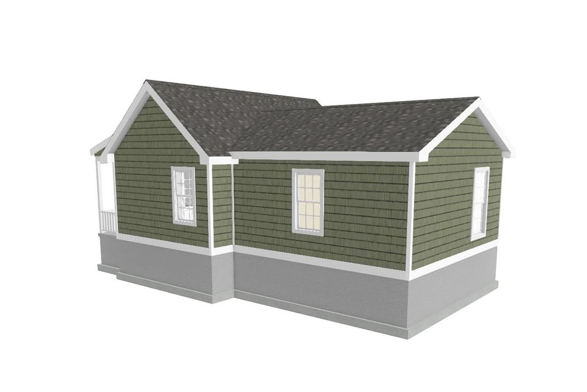 House plan exterior: Single-story home with green shingle siding, visible porch, gable roof, and white trim.