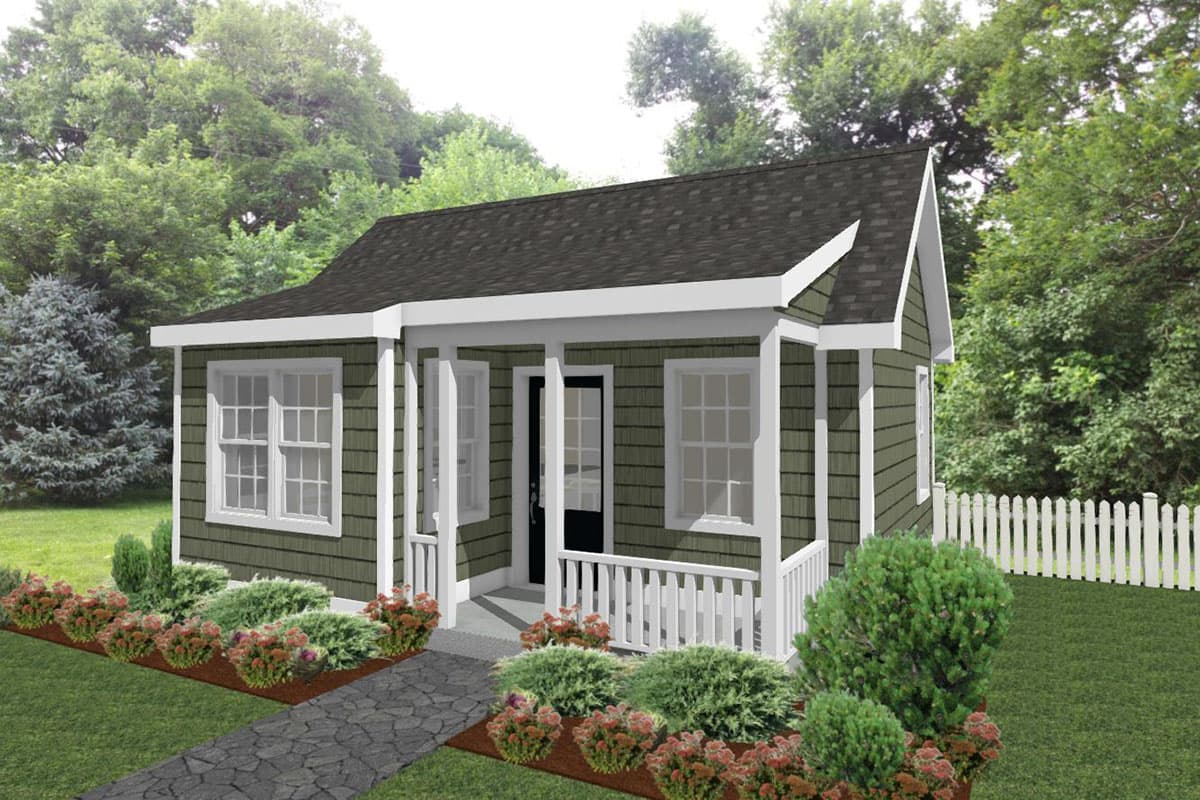 House plan exterior: One-story cottage with gabled dormer, covered porch with white railing, and double-hung windows.
