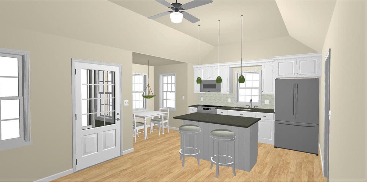 Kitchen and dining area with island, white cabinets, vaulted ceiling, and French doors.