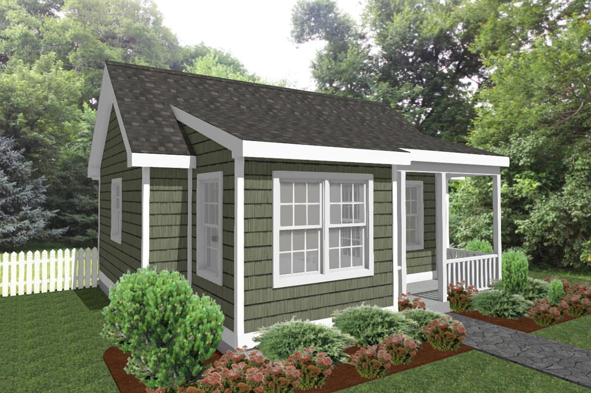 House plan exterior. One-story Cottage style with a gable roof, covered porch, and shingle siding. Includes multiple windows and a white picket fence.