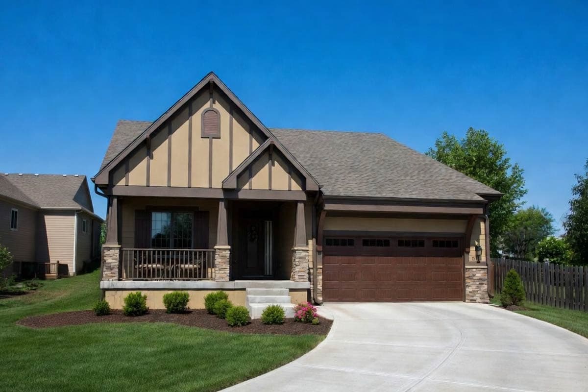 Craftsman style house plan exterior with a covered front porch, decorative gables, and a two-car garage.