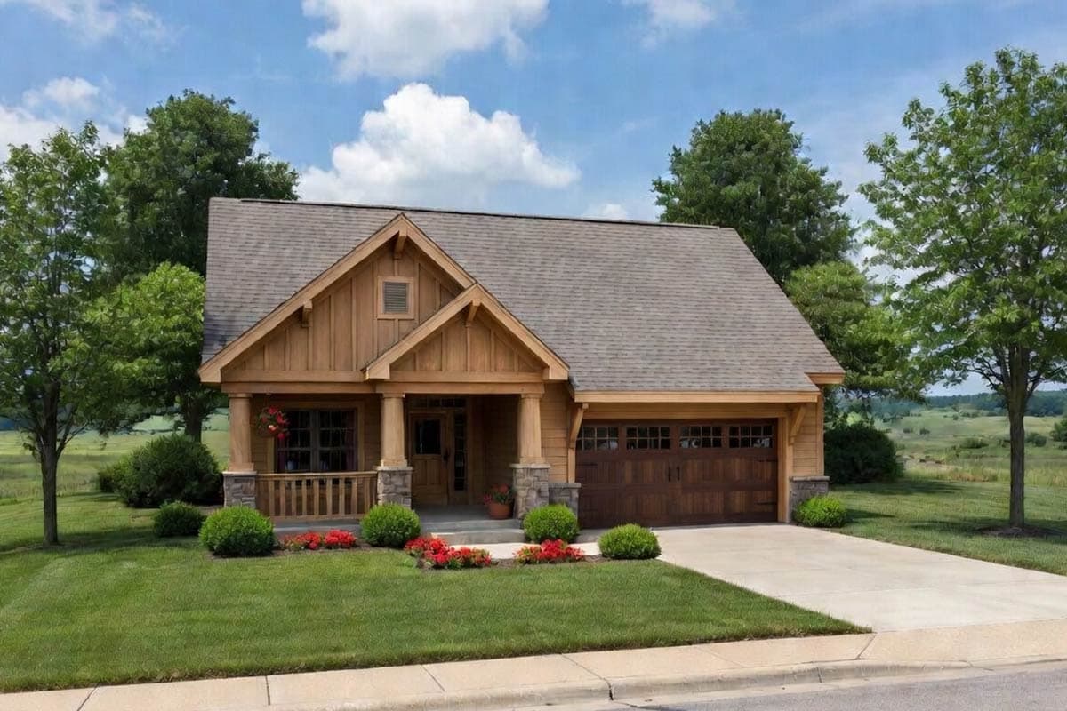 Craftsman style house plan exterior with a covered front porch supported by stone-clad columns and a two-car garage.