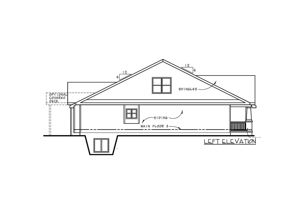 Left elevation of house plan showing siding, gable dormer, porch with railing, and optional covered deck.