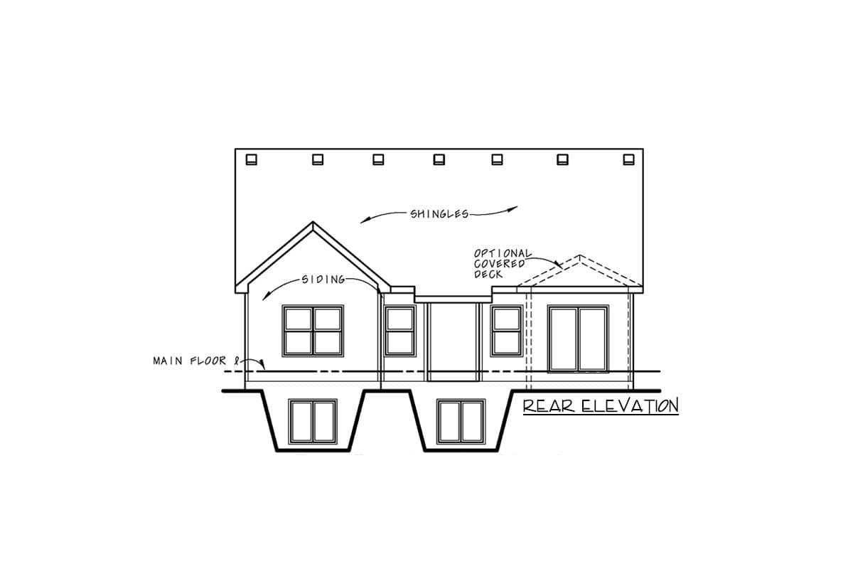 Rear elevation drawing of a house plan showing siding, shingles, windows, and an optional covered deck.