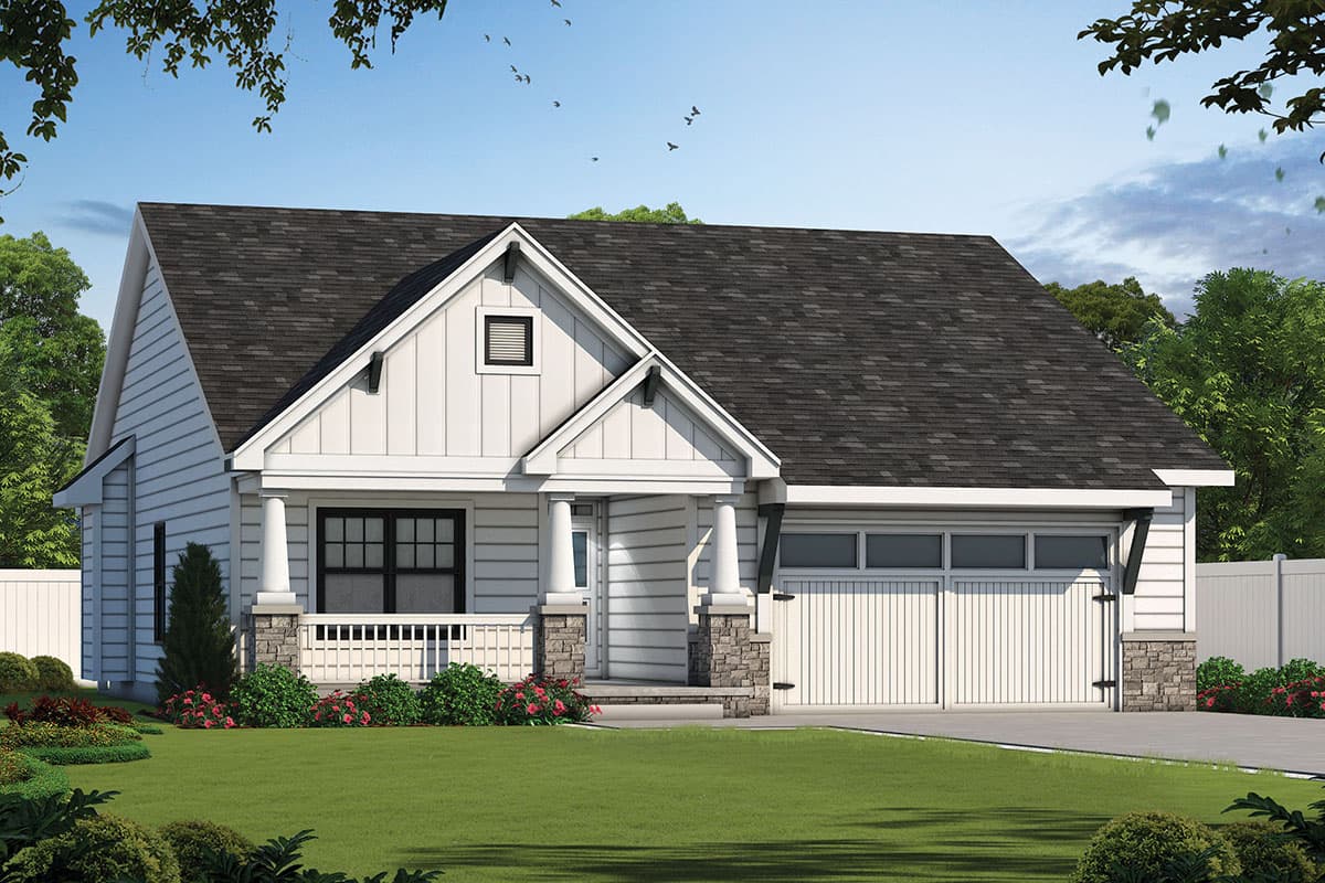 House plan exterior. Modern farmhouse style. One-story house with gabled roof, front porch with stone columns, and attached garage.