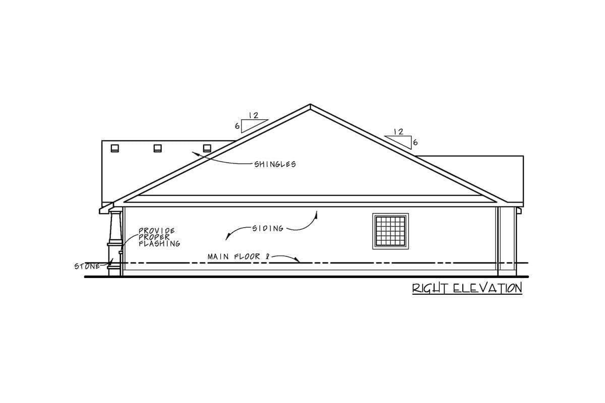 Right elevation drawing of a house plan, showing stone foundation, siding, shingles, and a window.