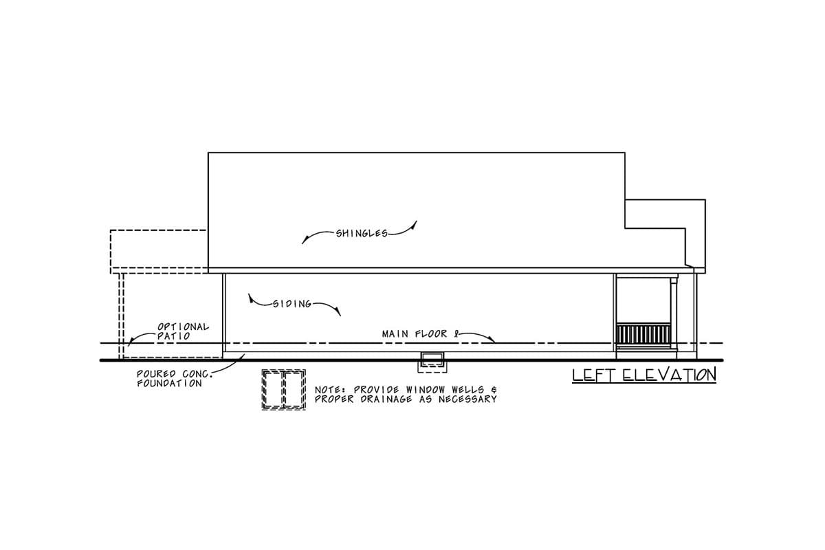 Left elevation house plan showing siding, shingles, optional patio, poured concrete foundation, and a front porch.