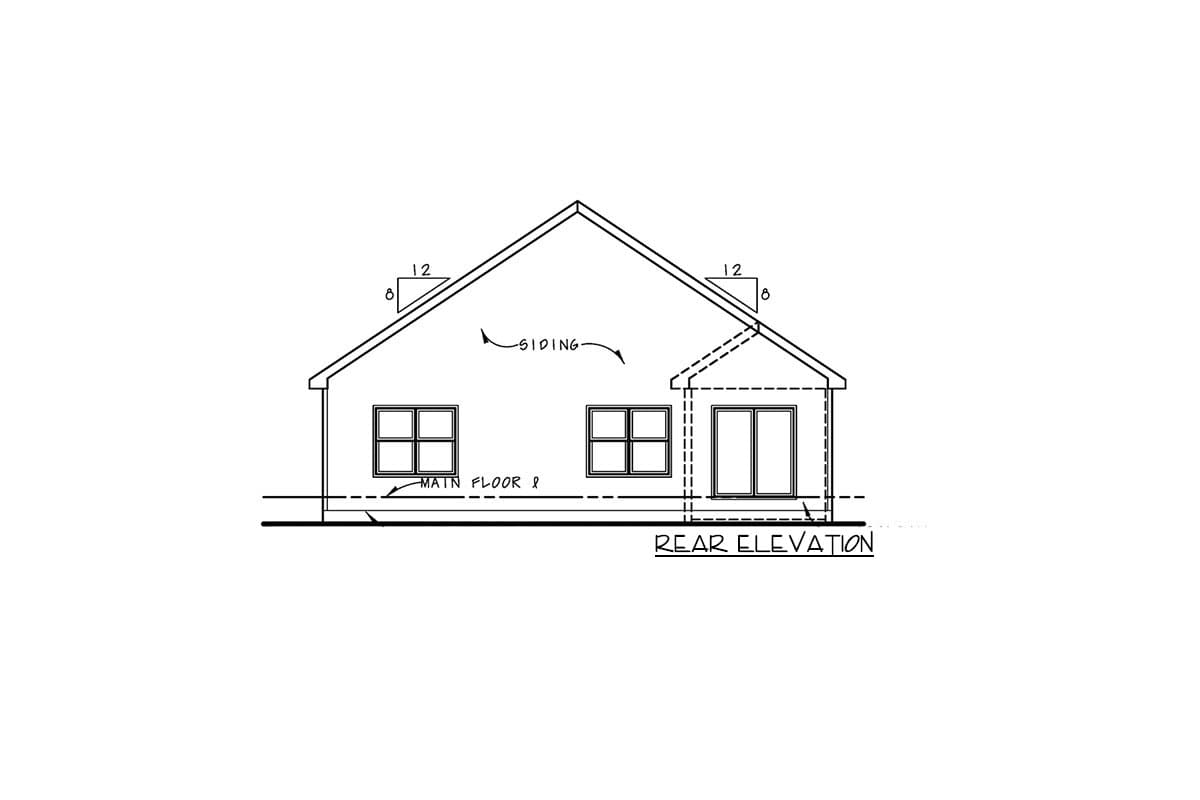 Rear elevation drawing of a house plan showing siding, two square windows, and a double door.