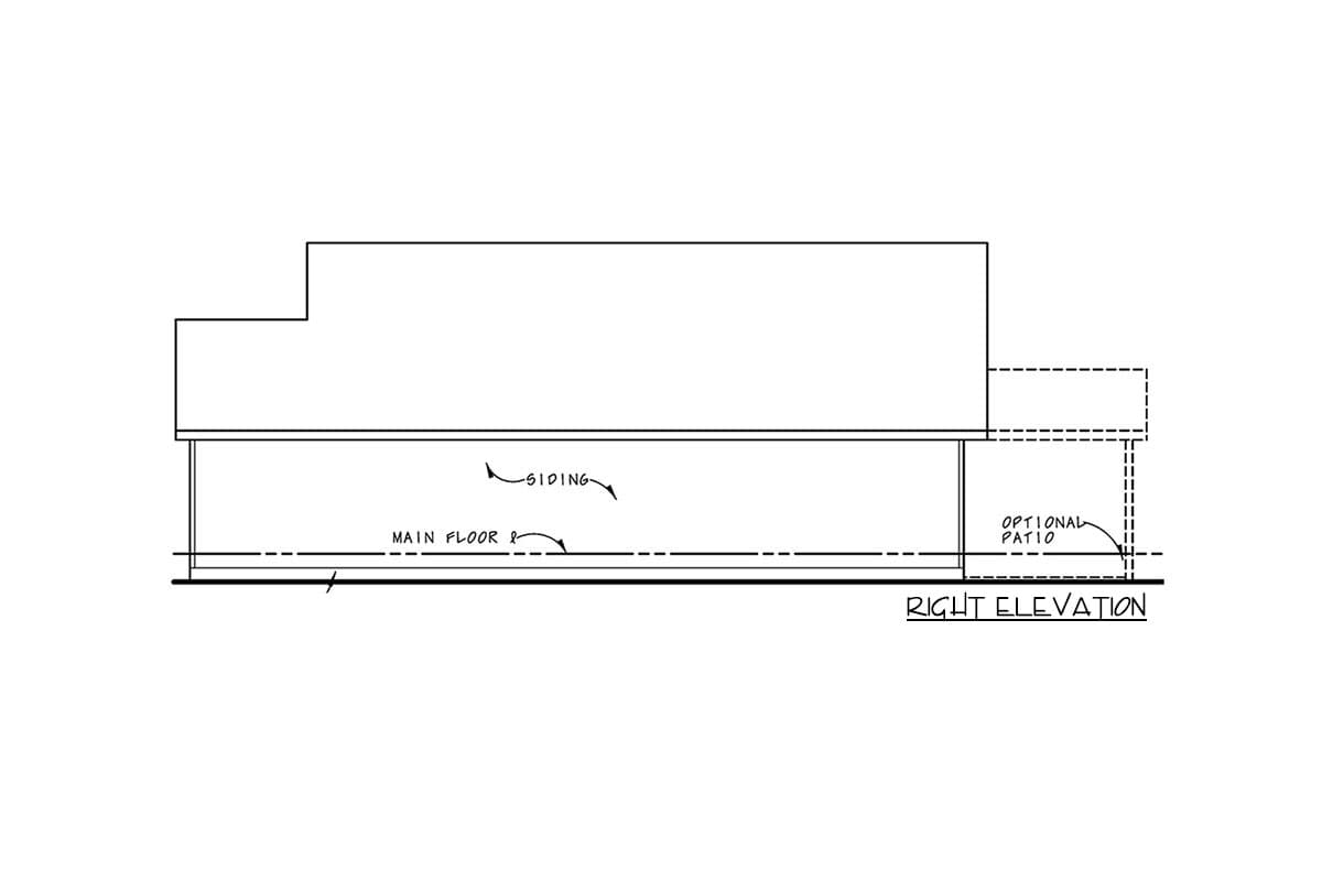 Right elevation drawing of a house plan showing siding, main floor, and an optional patio.
