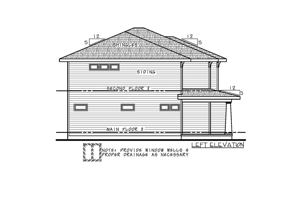 Left elevation drawing of a two-story house with siding, shingle roof, multiple windows, and a covered porch.