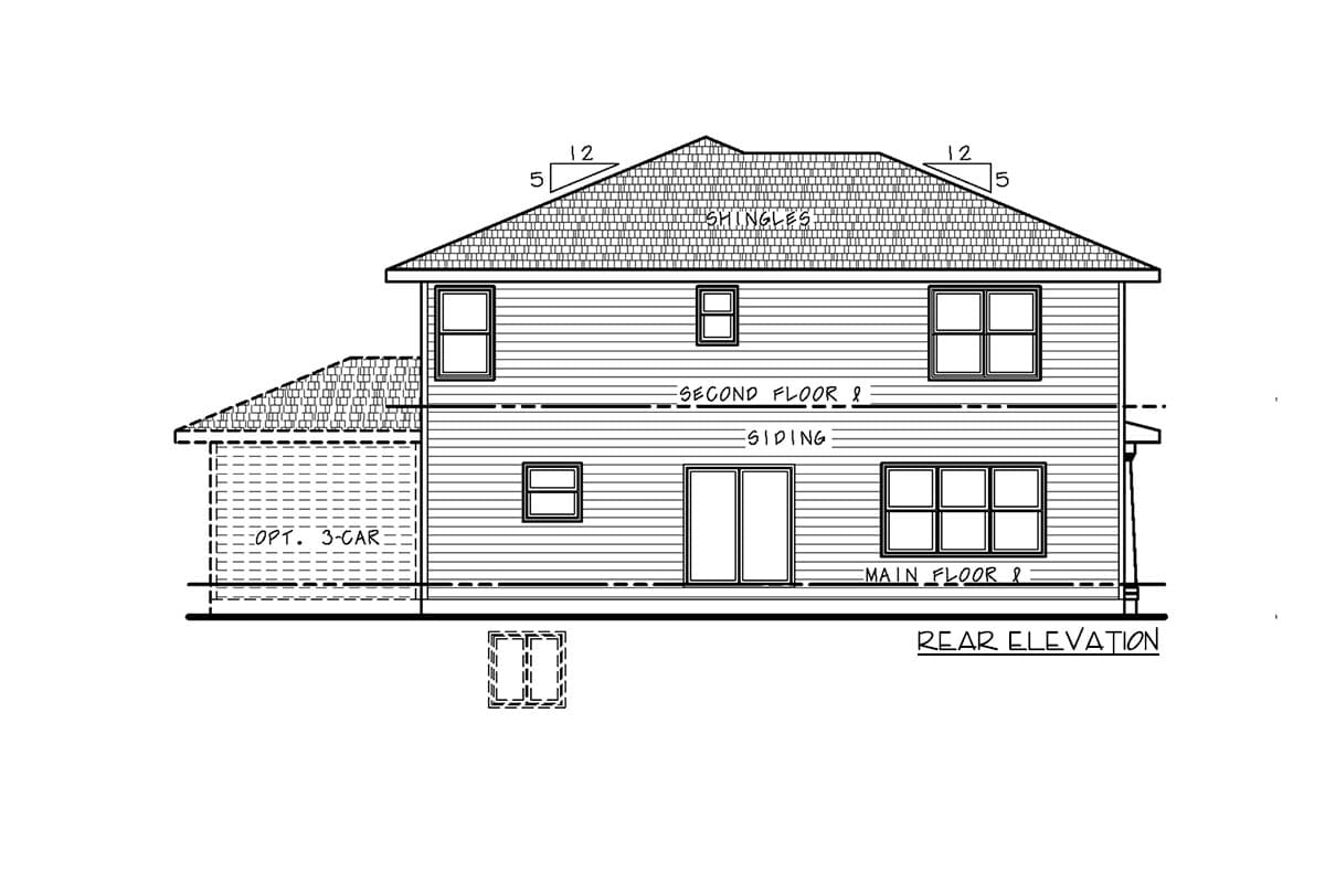 Rear elevation drawing of a two-story house with siding, shingles, and an optional three-car garage.