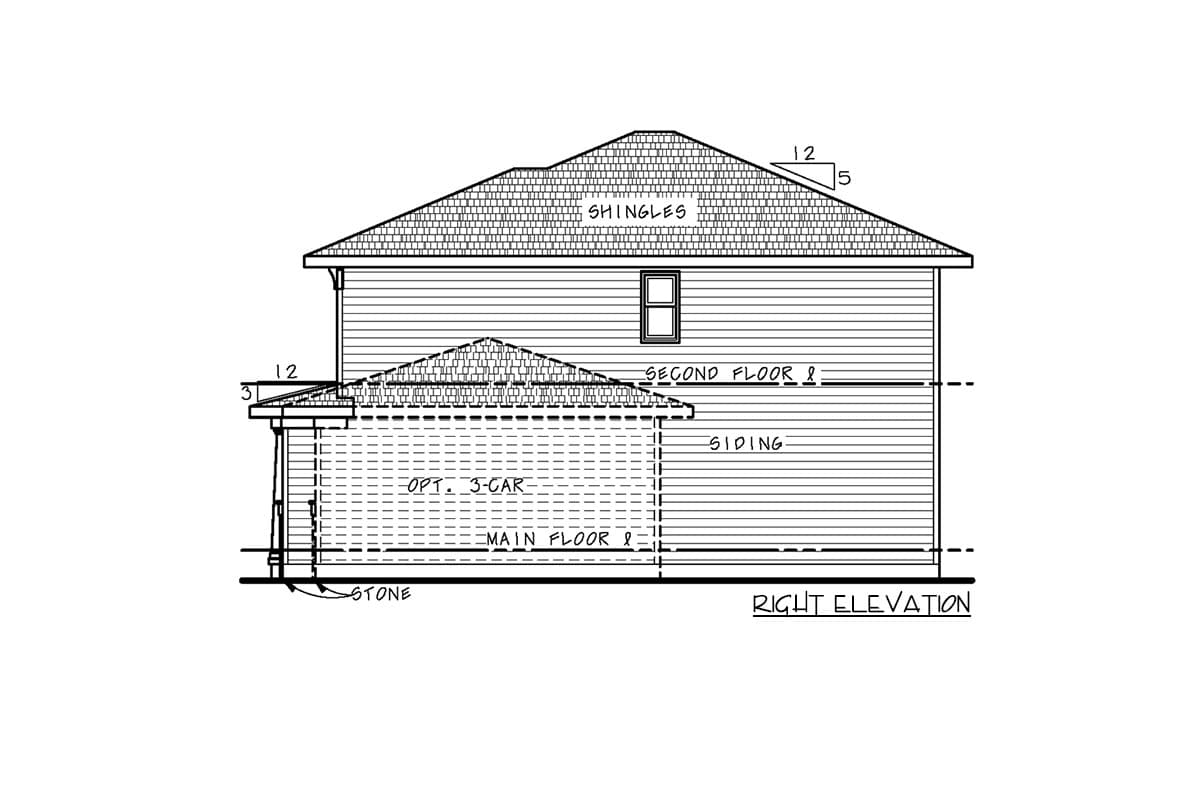 Architectural drawing of a two-story house right elevation, showing siding, shingles, optional three-car garage, and stone base.