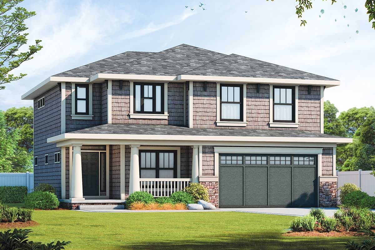 Two-story house plan exterior with Craftsman style, front porch with columns, a multi-gabled roof, and attached garage.