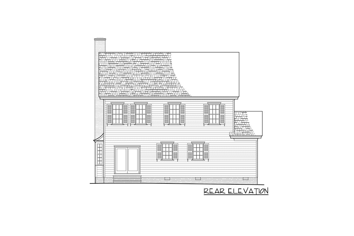 Rear elevation drawing of a two-story house with a dormer, chimney, and double doors.