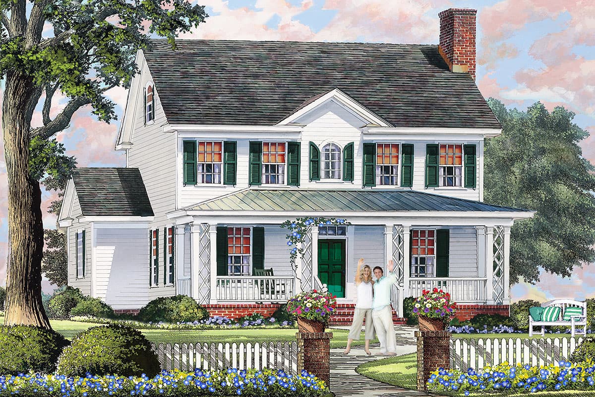 House plan exterior. Two-story Colonial with a front porch, gabled roof, dormers, and brick chimney. Green shutters and front door.