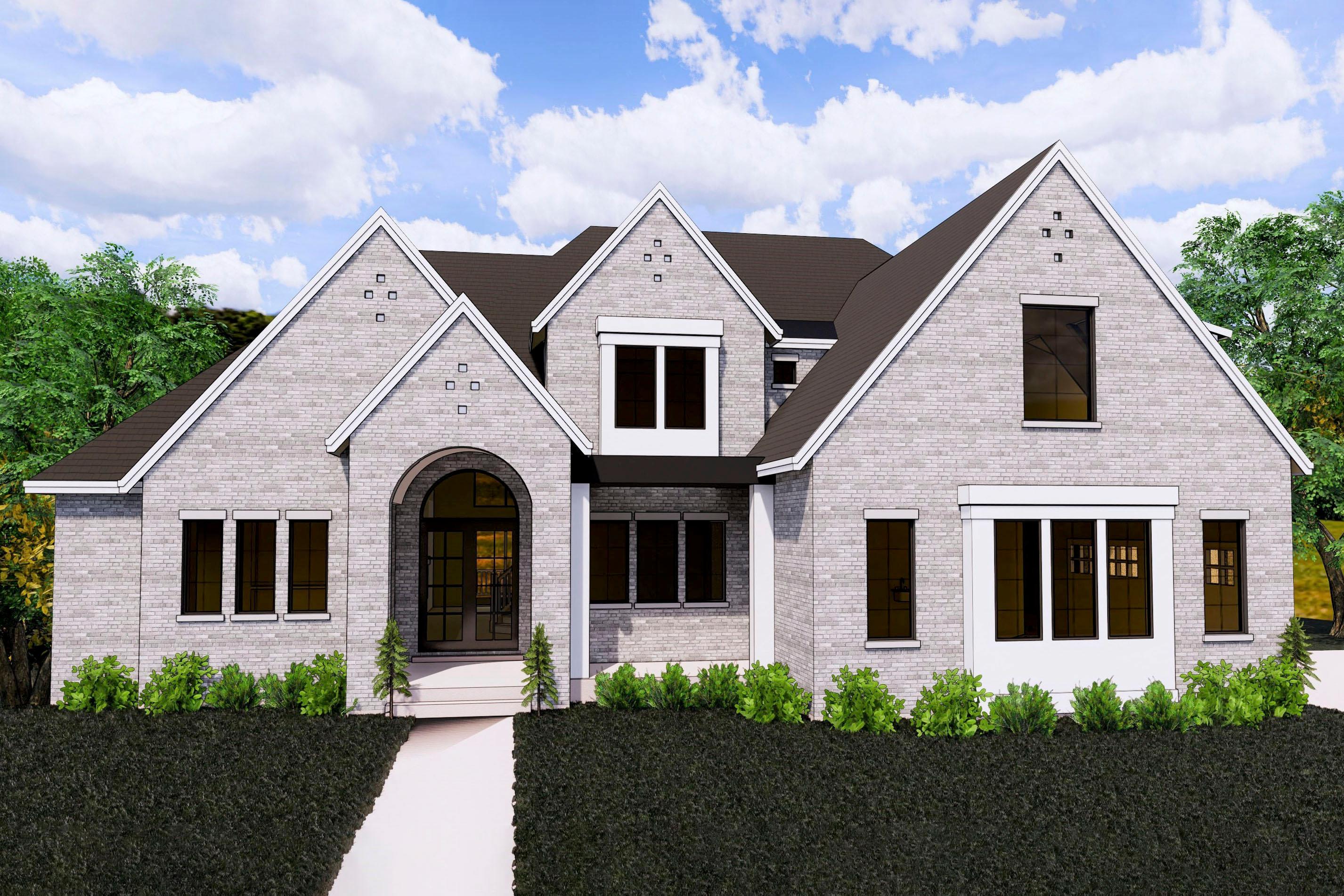 House plan exterior with brick facade, gabled rooflines, and multiple dormers. Features include an arched entryway and dark-framed windows.