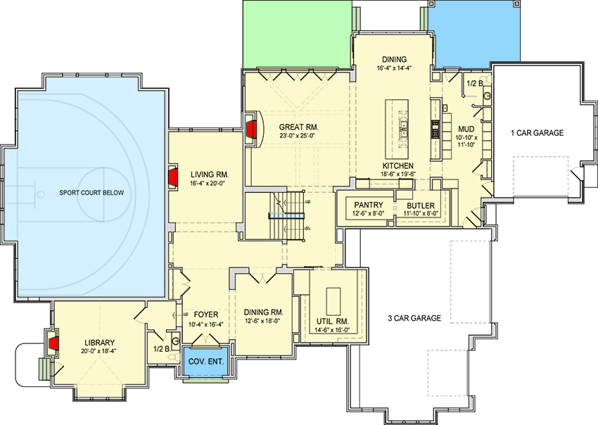 Plan 290143IY: Spacious European Mountain Home Plan with Sports Court - Floor Plan - Main Level - European, Mountain, Transitional