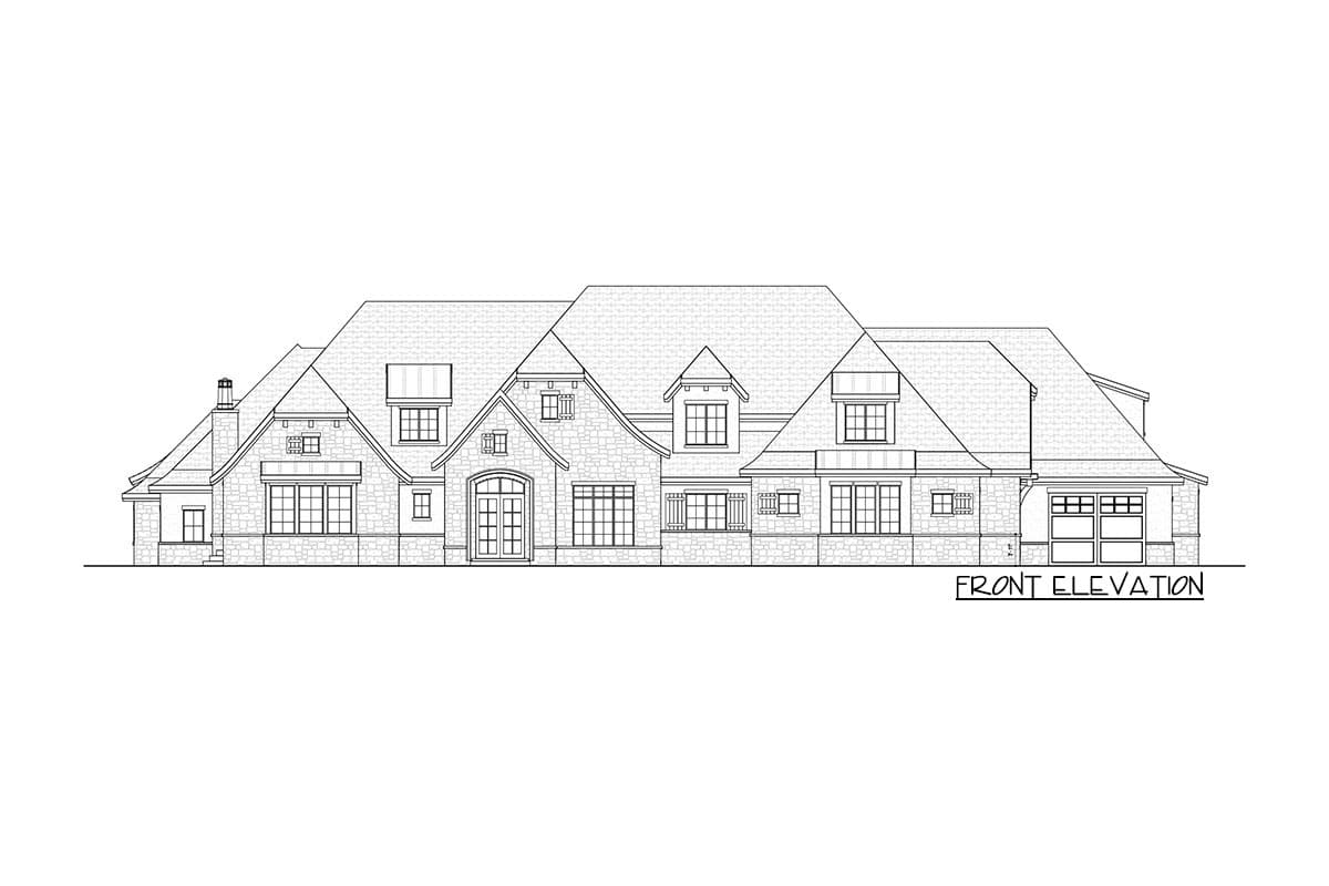 Front elevation drawing of a two-story house plan with stone facade, multiple gables, dormers, and a three-car garage.