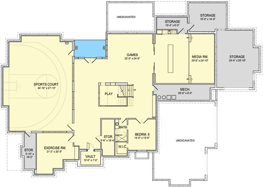Plan 290143IY: Spacious European Mountain Home Plan with Sports Court - Floor Plan - Lower Level - European, Mountain, Transitional