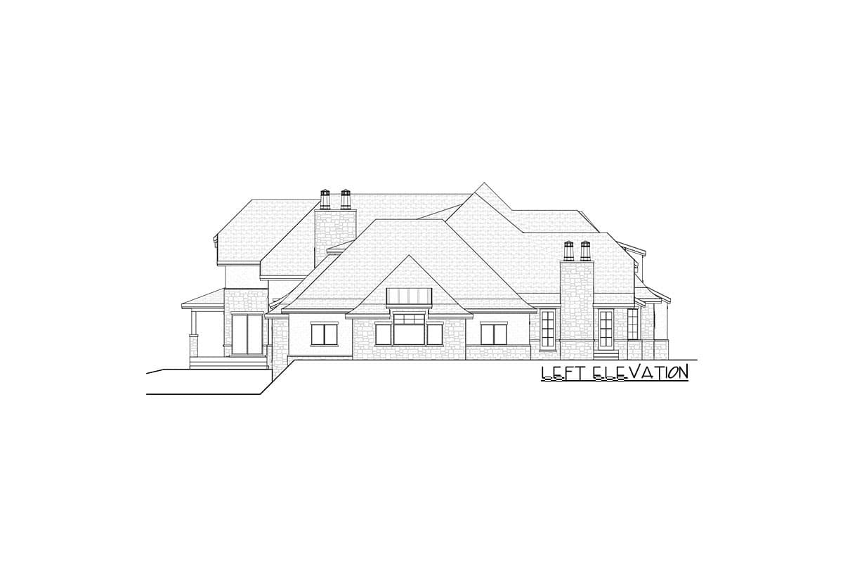 Left elevation drawing of a house plan featuring multiple gables, stone chimneys, and varied window styles.