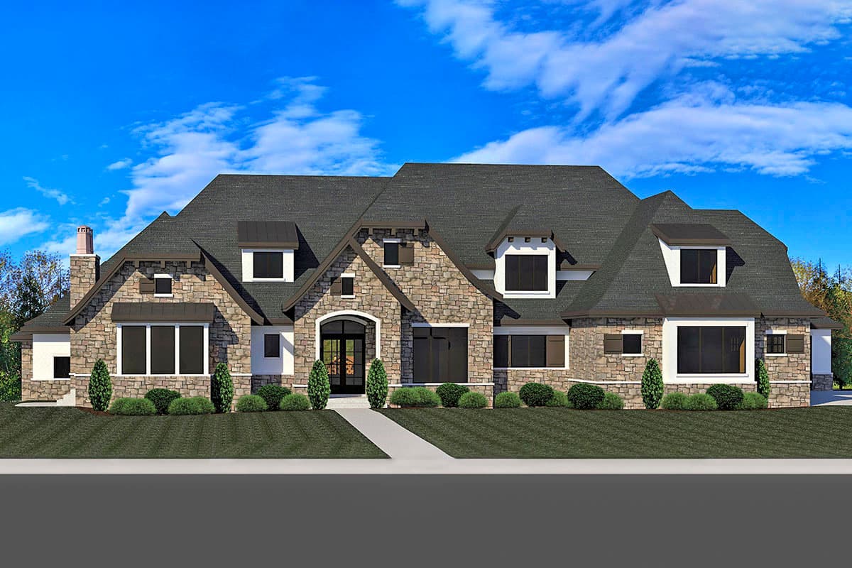 House plan exterior. Two-story home with stone facade, multiple gables, dormers, and a slate roof. Front entry with arched detail.