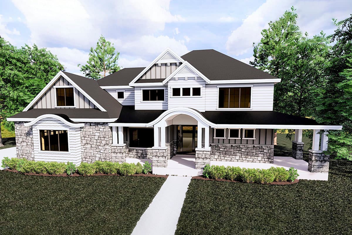 House plan exterior with stone accents, covered porch, multiple gables, and dormers. Two-story home with a black roof.