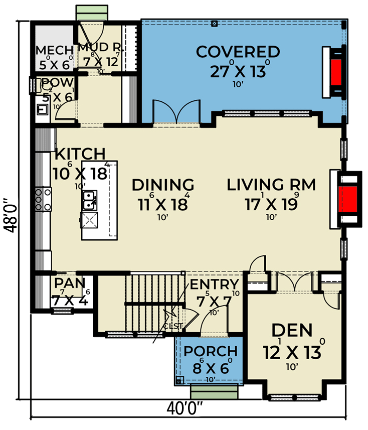 Plan 280134JWD: European Craftsman House Plan with Den and Covered Porch - Floor Plan - Main Level - Craftsman, European, Transitional