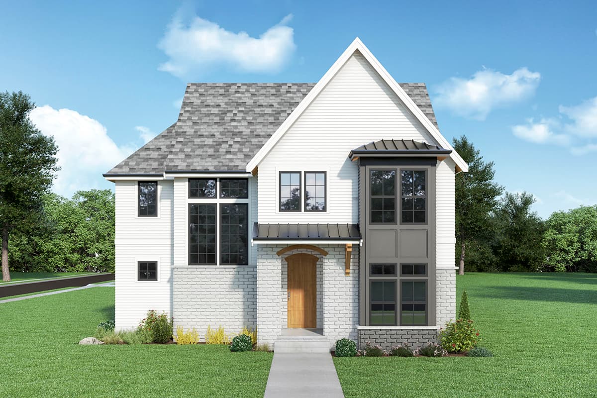 House plan exterior. Two-story Modern Farmhouse with gabled roof, bay window, and covered entry. Features light siding and brick accents.